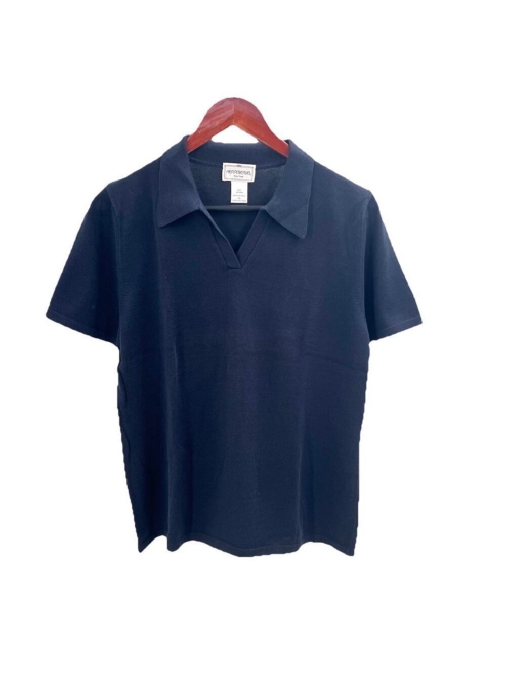 Henri Bendel Italy Navy Blue Cotton Short Sleeve Collar Sweater